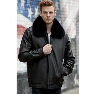 Black Lamb Leather Man’s Zip Bomber with Fox Fur Collar
